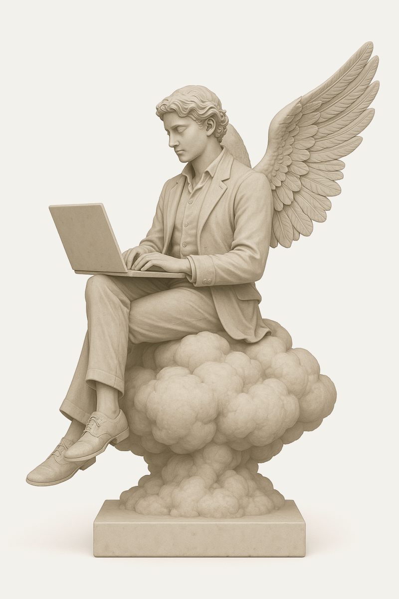Stone angel sitting on clouds with a laptop