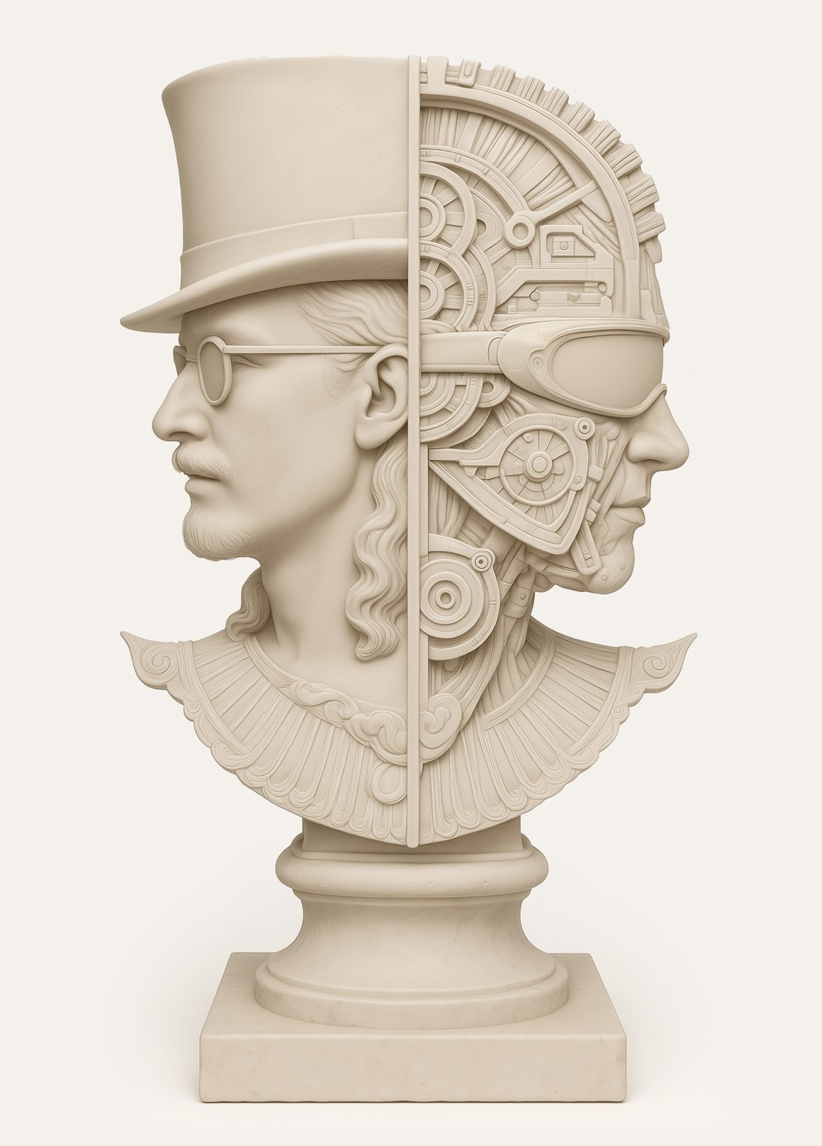 Stylized dual-portrait bust — half classical gentleman, half mechanical futurist